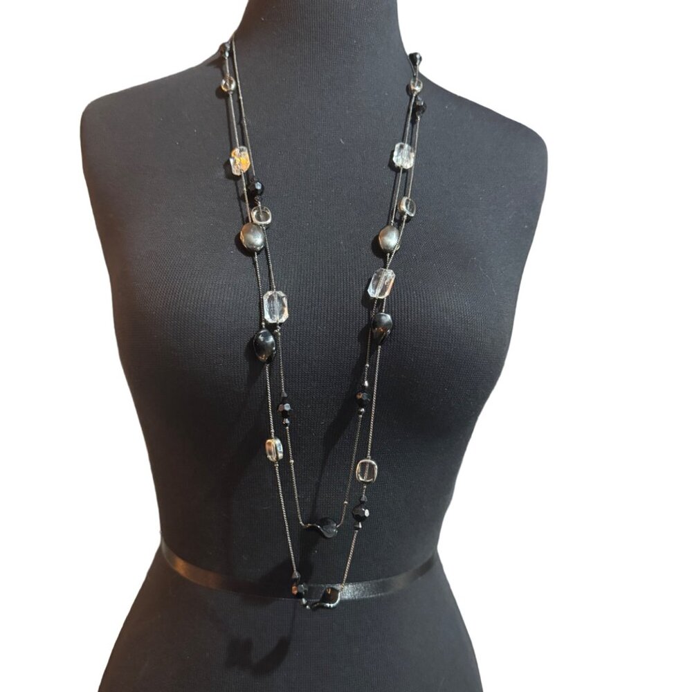 Long Black & Clear Beaded Multi Strand Necklace With Adjustable Chain